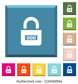 Locked combination lock with center numbers white icons on edged square buttons in various trendy colors
