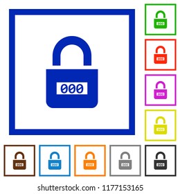 Locked combination lock with center numbers flat color icons in square frames on white background