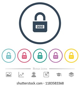 Locked combination lock with center numbers flat color icons in round outlines. 6 bonus icons included.