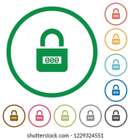 Locked combination lock with center numbers flat color icons in round outlines on white background