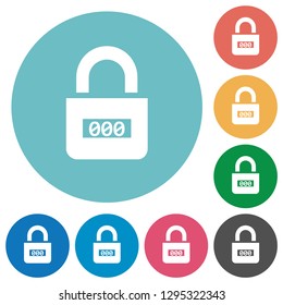 Locked combination lock with center numbers flat white icons on round color backgrounds
