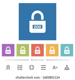 Locked combination lock with center numbers flat white icons in square backgrounds. 6 bonus icons included.