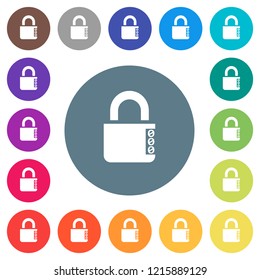 Locked combination lock with side numbers flat white icons on round color backgrounds. 17 background color variations are included.