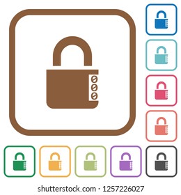 Locked combination lock with side numbers simple icons in color rounded square frames on white background