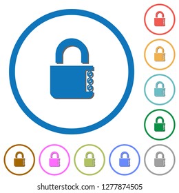 Locked combination lock with side numbers flat color vector icons with shadows in round outlines on white background