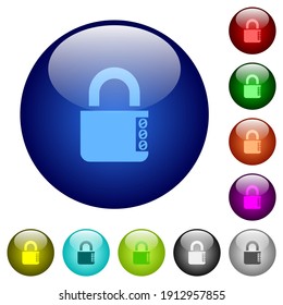 Locked combination lock with side numbers icons on round glass buttons in multiple colors. Arranged layer structure