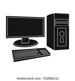 Locked computer icon in black style isolated on white background. Hackers and hacking symbol stock vector illustration.