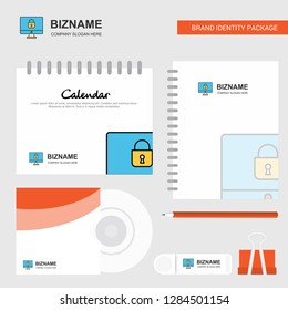 Locked computer Logo, Calendar Template, CD Cover, Diary and USB Brand Stationary Package Design Vector Template