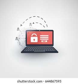 Locked Device, Encrypted Files, Lost Documents, Global Ransomware Attack. Virus Infection, Malware, Fraud, Spam, Phishing, Email Scam, Hacking. IT Security Concept Design, Vector illustration