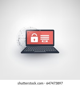 Locked Device, Encrypted Files, Lost Documents, Global Ransomware Attack - Virus Infection, Malware, Fraud, Spam, Phishing, Email Scam, Hacking - IT Security Concept Design, Vector illustration 