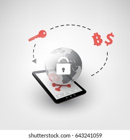 Locked Device, Lost Files, Global Ransomware Attack - Virus Infection, Malware, Fraud, Spam, Phishing, Email Scam, Hacking -  IT Security Concept Design, Vector illustration