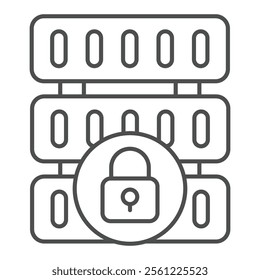 Locked disk storage array thin line icon, data hoarding concept. Vector graphics. Hard disks with lock sign on white background, outline style icon for mobile or web design