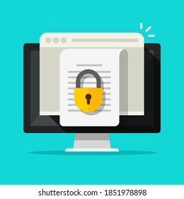 Locked confidential secure document online access on website with private lock on computer pc file vector flat icon, digital web internet privacy protection, electronic closed safety data