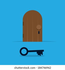 Locked door with large key in the foreground 