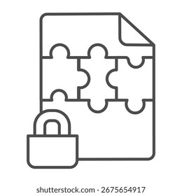 Locked file of puzzle pieces thin line icon, data hoarding concept. Vector graphics. File of game content with lock, secure sign on white background, outline style icon for mobile or web design