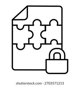 Archivo bloqueado de piezas de rompecabezas icono de línea delgada, concepto de acaparamiento de datos. Gráficos de Vector. Archivo del contenido del juego con la cerradura, muestra segura en el fondo blanco, icono del estilo del contorno para el móvil o el Diseño web
