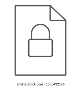 Locked file thin line icon, document and computer, file with padlock sign, vector graphics, a linear pattern on a white background, eps 10.