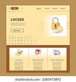 Plantilla de sitio web de la página de aterrizaje plana bloqueada. Clave de acceso, protección del hogar, supervisión de la seguridad. Banner web con encabezado, contenido y pie de página. Ilustración vectorial.