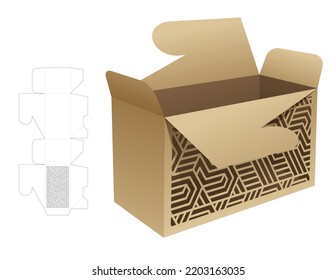locked flip box with stenciled pattern die cut template and 3D mockup