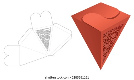 locked flip pyramid box with stenciled pattern die cut template and 3D mockup