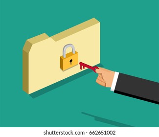 Locked folder and business man with key, vector