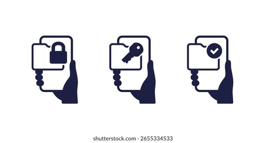 Iconos de carpeta bloqueados con el teléfono inteligente en la mano