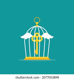 Locked golden bird cage with golden vintage key with wings. Limitation of thinking concept. Locked, trapped. Unlock, hint, tint and secret concept. Catch luck or help.  Mystery, clue and magic symbol.