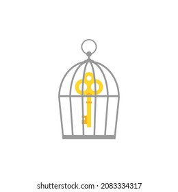 Locked golden bird cage with golden vintage key. Limitation of thinking concept. Locked, trapped. Unlock, hint, tint and secret concept. Catch luck or help.  Mystery, clue and magic symbol.