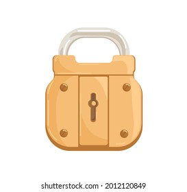 Locked hanging bronze padlock with closed shackle and keyhole. Glossy gold-colored brass mechanism for safe access. Realistic secure lock with key hole. Flat vector illustration isolated on white