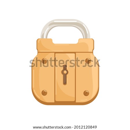 Locked hanging bronze padlock with closed shackle and keyhole. Glossy gold-colored brass mechanism for safe access. Realistic secure lock with key hole. Flat vector illustration isolated on white
