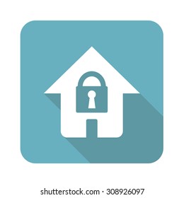 Locked house icon, square, with long shadow, isolated on white