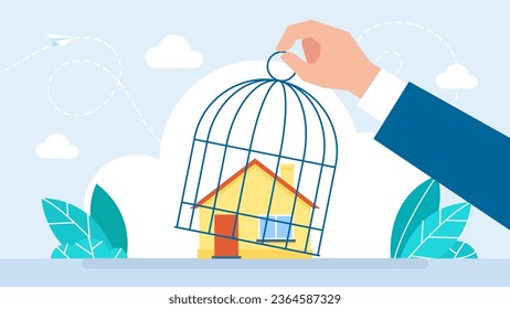 The locked house inside the cage. Hand lifting a cage of house. The concept of rent, credit, seizure of real estate. Removal of restrictions, fines. Real estate concept. Vector flat illustration