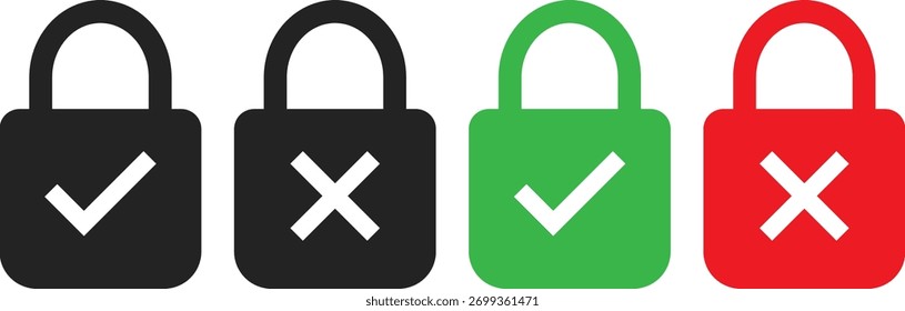 ícone bloqueado definido. Bloquear ícone com marca de seleção e símbolo de marca cruzada. Coleção de ícones de privacidade ou proteção. Sinal de segurança