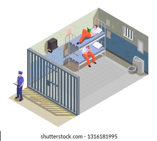 Locked jail cell for two inmates with prisoners in uniform and security guard isometric composition vector illustration