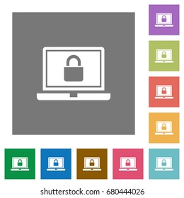Locked laptop flat icons on simple color square backgrounds