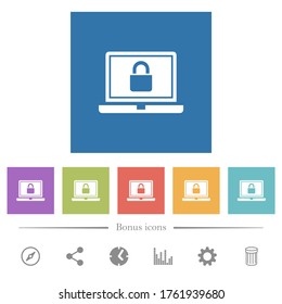 Locked laptop flat white icons in square backgrounds. 6 bonus icons included.