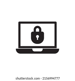 Locked laptop icon in black flat glyph, filled style isolated on white background