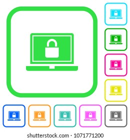 Locked laptop vivid colored flat icons in curved borders on white background