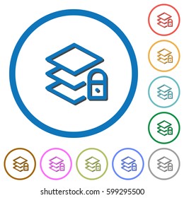 Locked layers flat color vector icons with shadows in round outlines on white background