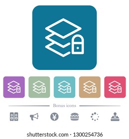 Locked layers white flat icons on color rounded square backgrounds. 6 bonus icons included
