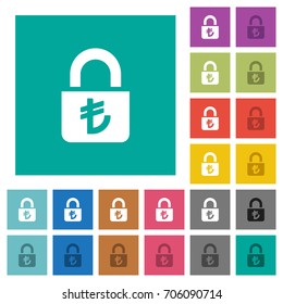 Locked lira multi colored flat icons on plain square backgrounds. Included white and darker icon variations for hover or active effects.