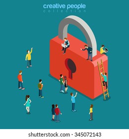Locked lock and micro young people flat 3d isometry isometric personal data encryption security concept web vector illustration. Creative technology people collection.
