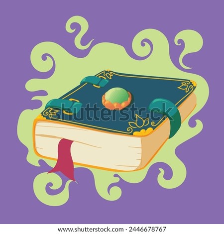 locked magic book with purple background and green smoke