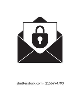 Locked mail icon in black flat glyph, filled style isolated on white background