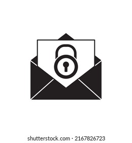 Locked mail icon in black flat glyph, filled style isolated on white background