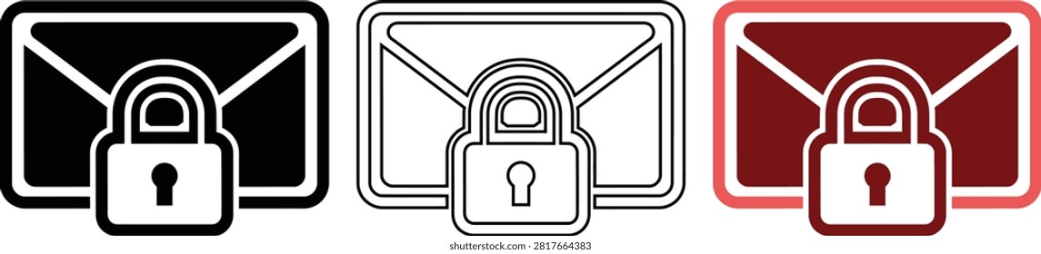Locked mail icon set in black and red. Symbolizing secure email, private messages, or confidential communication. Transparent background.