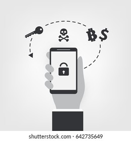 Locked Mobile Device, Valuable Business Data Lost, Ransomware Attack - Virus Infection, Malware, Fraud, Spam, Phishing, Email Scam, Hacking - IT Security Concept Design, Vector illustration