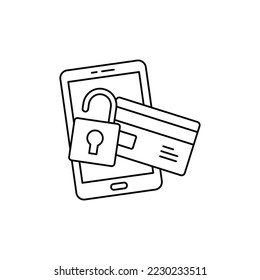 Icono de tarjeta de pago móvil bloqueada en icono de estilo de línea, aislado en fondo blanco
