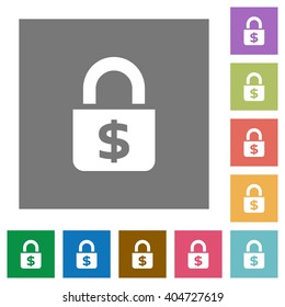 Locked money flat icon set on color square background.