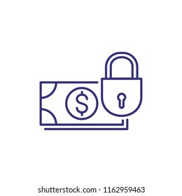 Locked money line icon. Padlock and stack of dollar banknotes. Financial protection concept. Can be used for topics like banking, saving, insurance